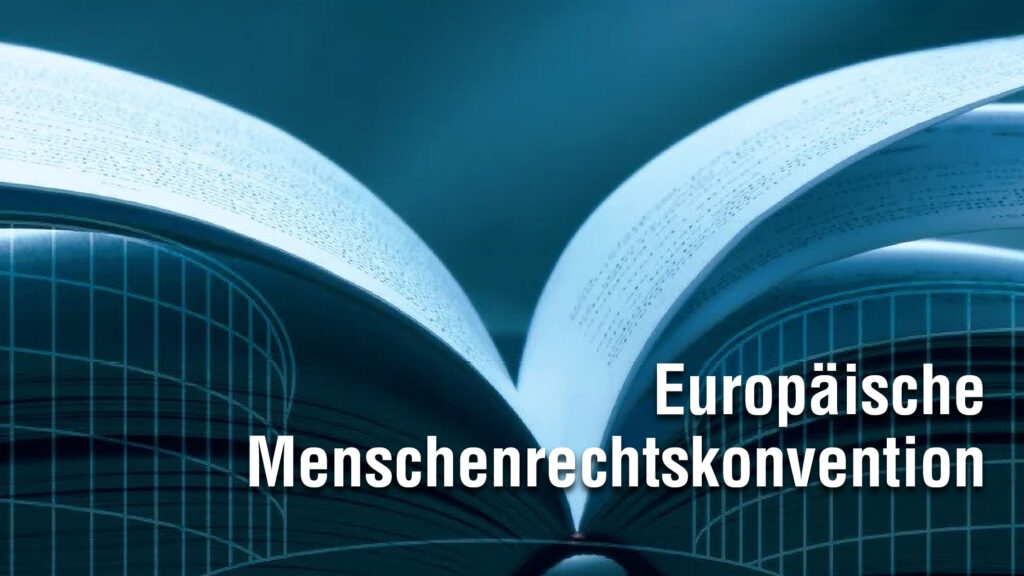 Open blue-toned book with visible text 'Europäische Menschenrechtskonvention', symbolizing the European Convention on Human Rights